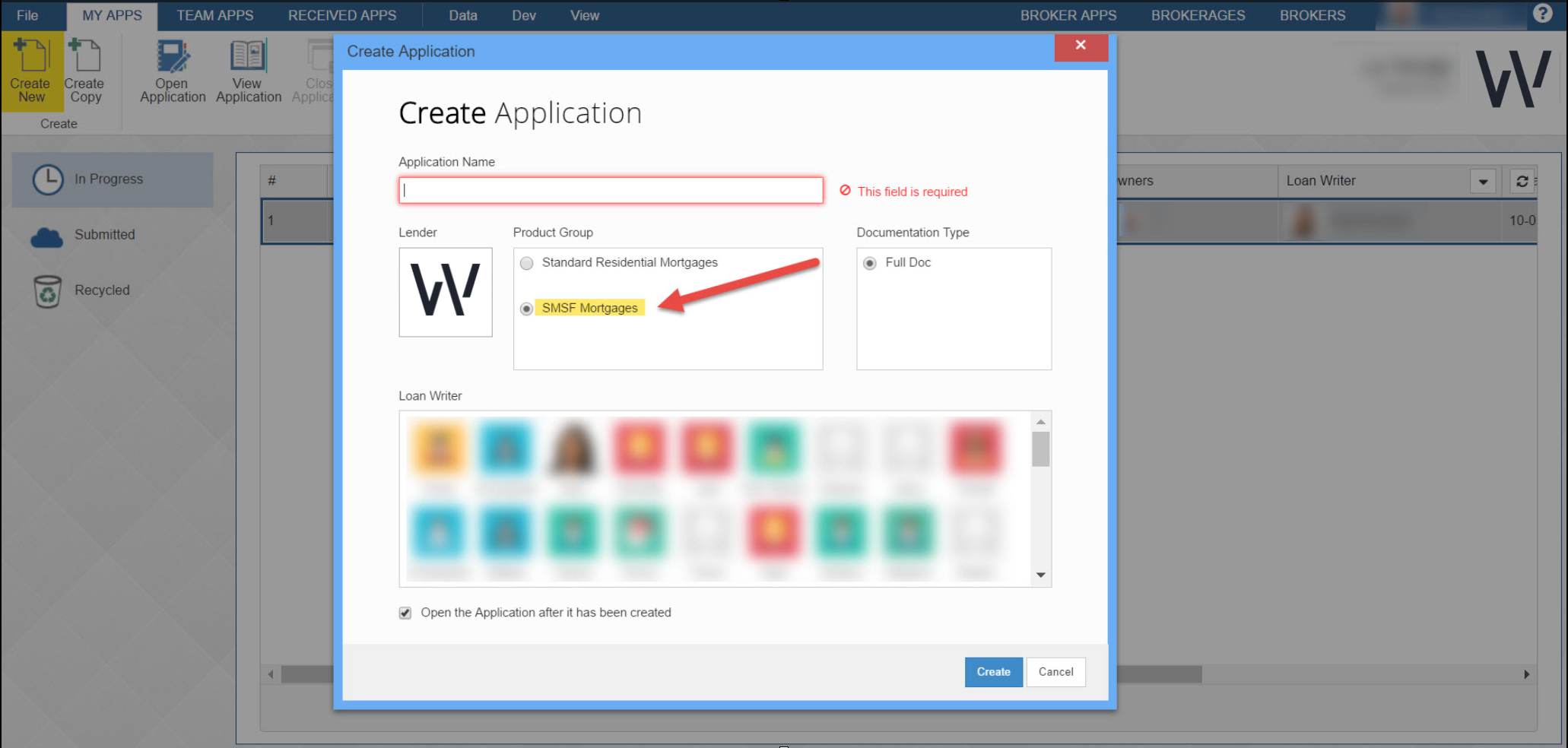 A window in Loanapp where 'SMSF Mortgages' can be selected as a Product Group.